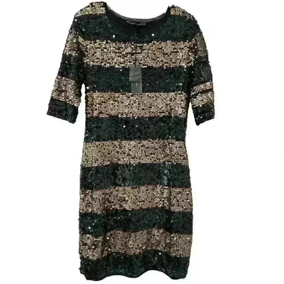 BCBGMAXAZRIA NWT Marta Black Gold Dress Size L Allover Sequin Striped Sheath - Picture 4 of 11